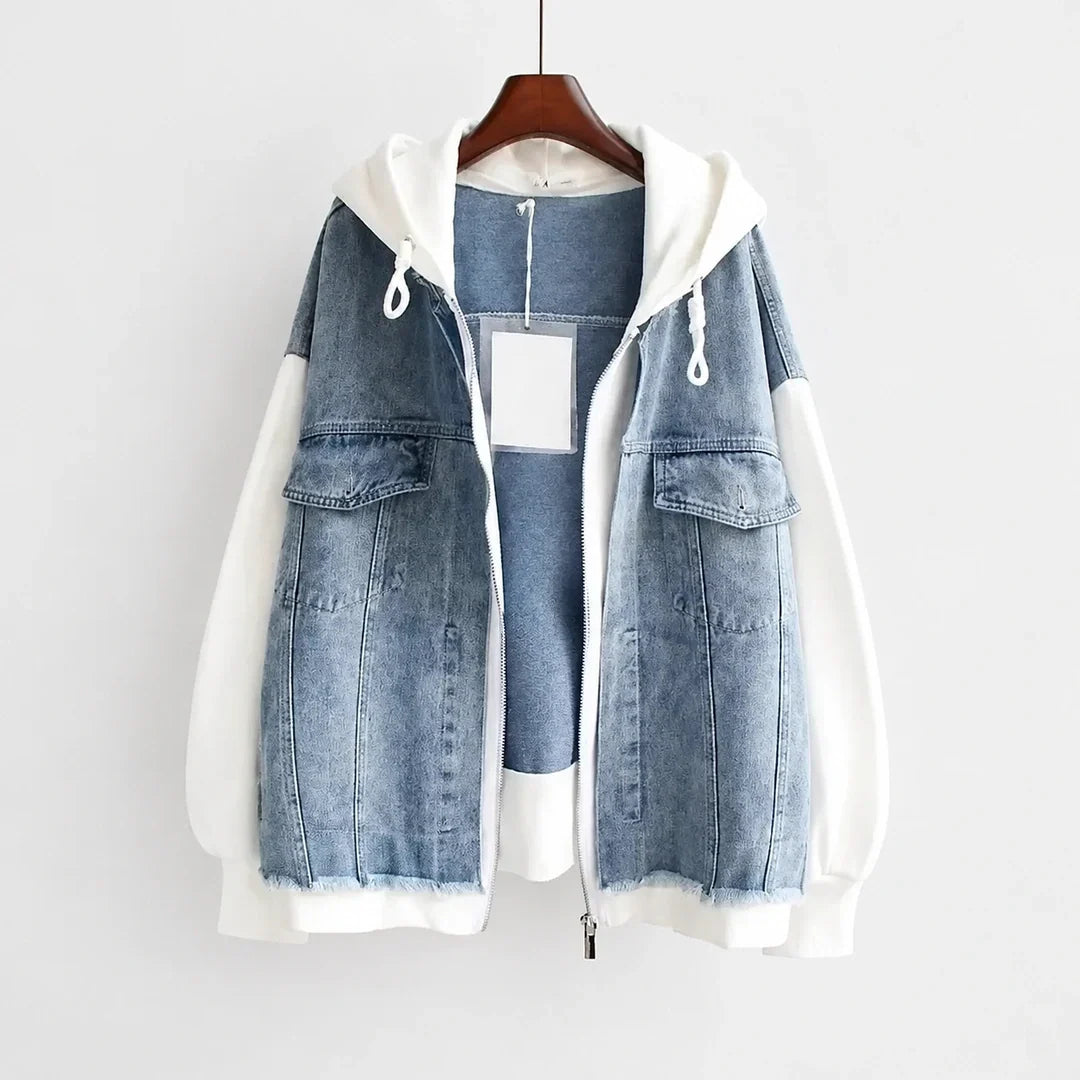 Άννα | Δίχρωμο τζιν μπουφάν με κουκούλα
